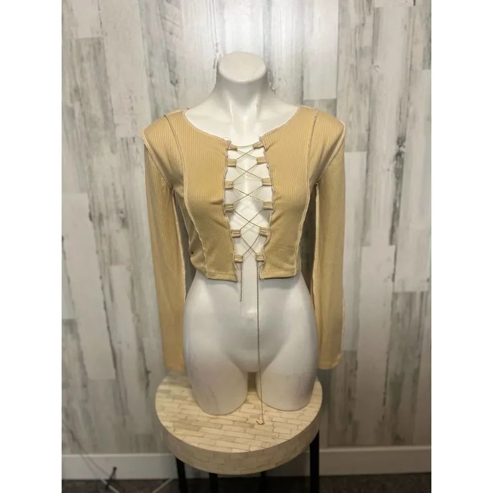 Beige Lace-Up Front Ribbed Crop Top Long Sleeve Size Small